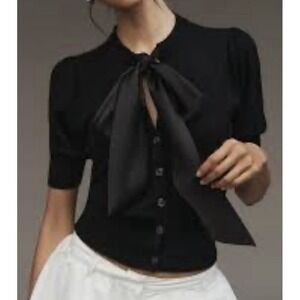 Anthropologie Maeve Black Puff Sleeve Organza Bow Front Cardigan Sweater XL